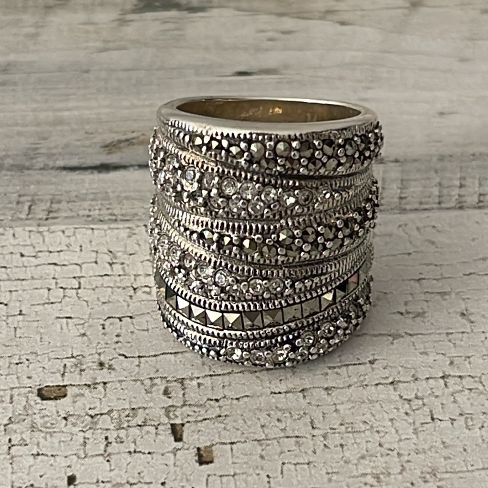 Sterling Silver Marcasite Crystal Multi Band Statement Ring - Picture 3 of 9